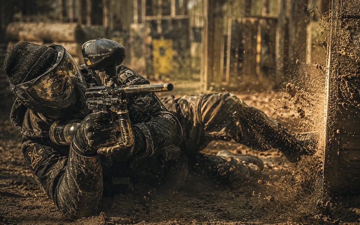 Gracze paintballowi za osłoną na leśnym polu — VIP Adrenaline Zakopane
